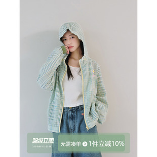 【放假了】初中生女孩外套2026春装新款青少年格纹薄款连帽拉链衫