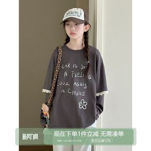 休闲假两件长袖 女大童T恤 新款 青少年2026春装 上衣潮 蕾丝少女