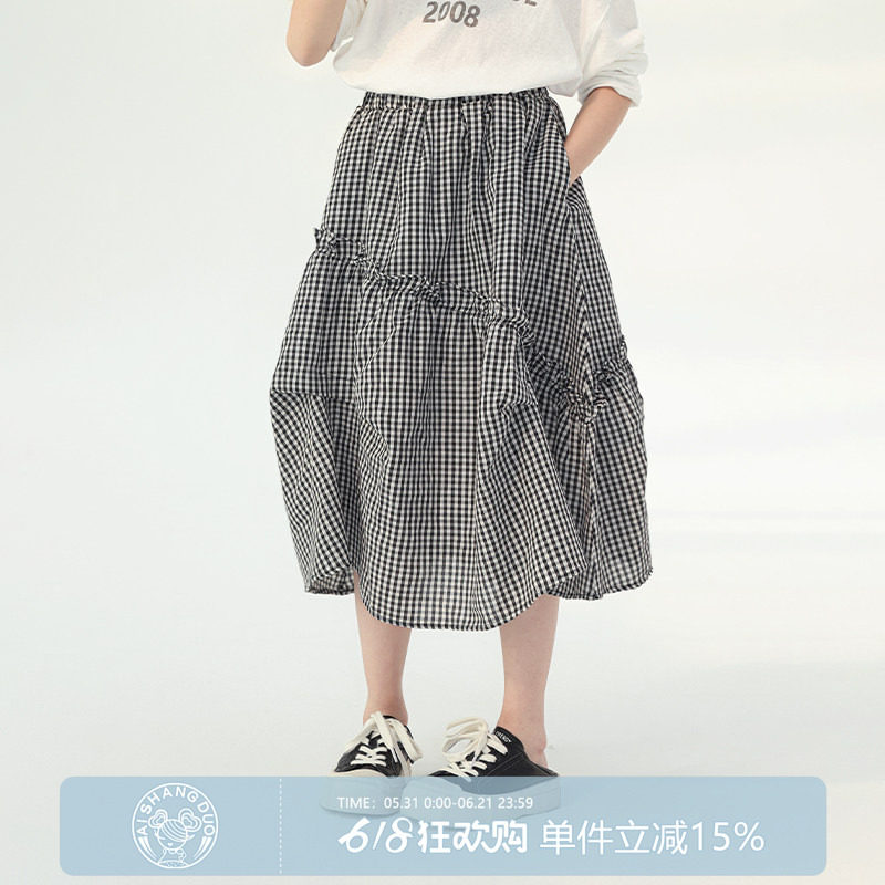 女大童半身裙2026夏装新款女大童初中生格纹蛋糕裙学生洋气A字裙