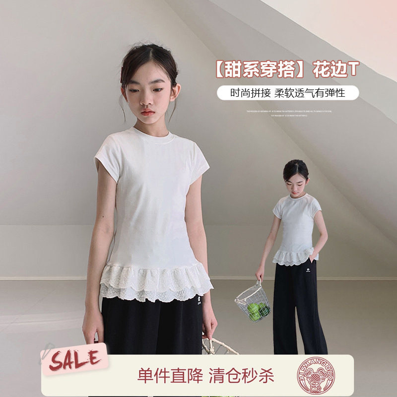艾上朵女大童蕾丝边短袖T恤图片