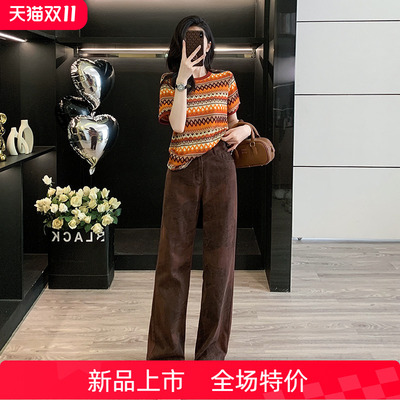 夏季女装爆款2025新款条纹针织短袖上衣女休闲咖啡色牛仔阔腿裤子