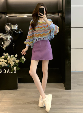 蓝色针织罩衫时尚套装女2025春秋新款洋气减龄显瘦牛仔短裙两件套