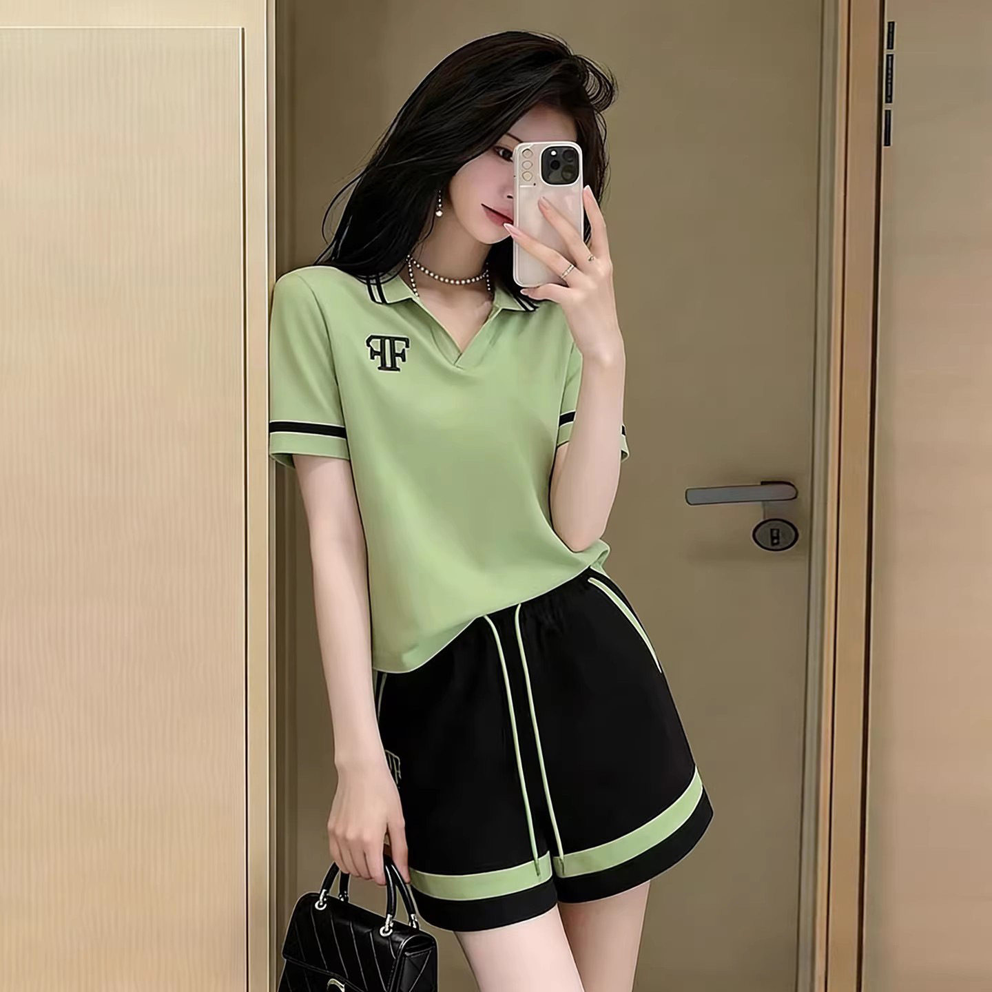 洋气时髦休闲运动套装女装夏季短袖款polo领字母短裤跑步服两件套