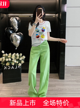 休闲套装女装白色短款卡通涂鸦短袖t恤高腰时尚绿色直筒牛仔裤子