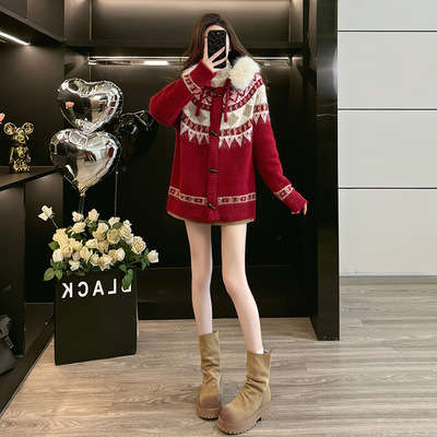 纯欲慵懒风贵气撞色加绒加厚中长款大毛领毛衣外套女秋冬温暖百搭