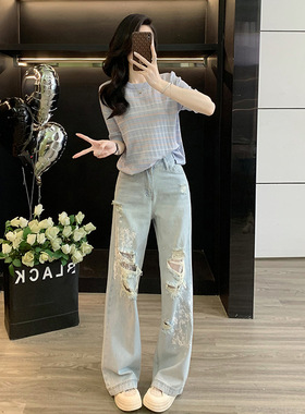 休闲套装女装2025新款爆款蓝色条纹短袖针织上衣破洞蕾丝牛仔裤子