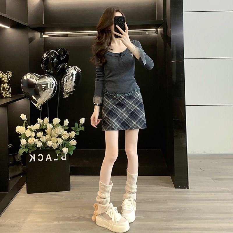 深灰长袖蕾丝打底毛衣秋冬新款女装修身显瘦时尚毛呢百搭半身裙子
