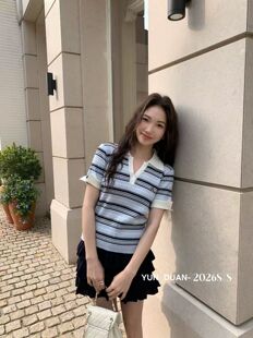 2026新品夏季女士薄款正肩条纹冰丝针织短袖t恤女款短款上衣003