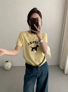 2026新款杏色针织衫女圆领设计刺绣字母气质薄款短袖上衣M030