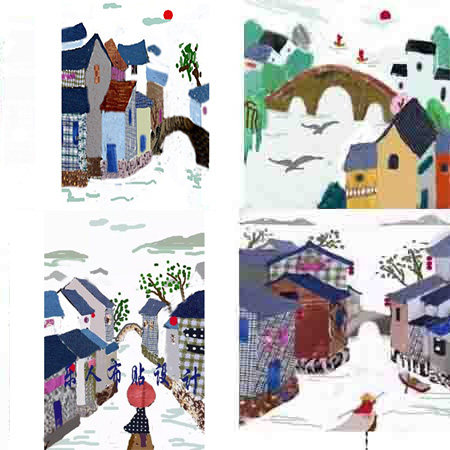 布贴画材料牛仔布格子布土布手工即时贴江南水乡古镇运河水乡定制