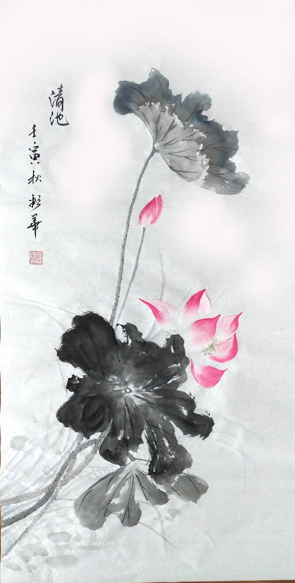 手绘荷花 荷韵花瓶客厅装饰挂画学生毕业作品手绘定制