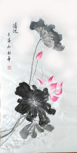 手绘荷花 荷韵花瓶客厅装饰挂画学生毕业作品手绘定制