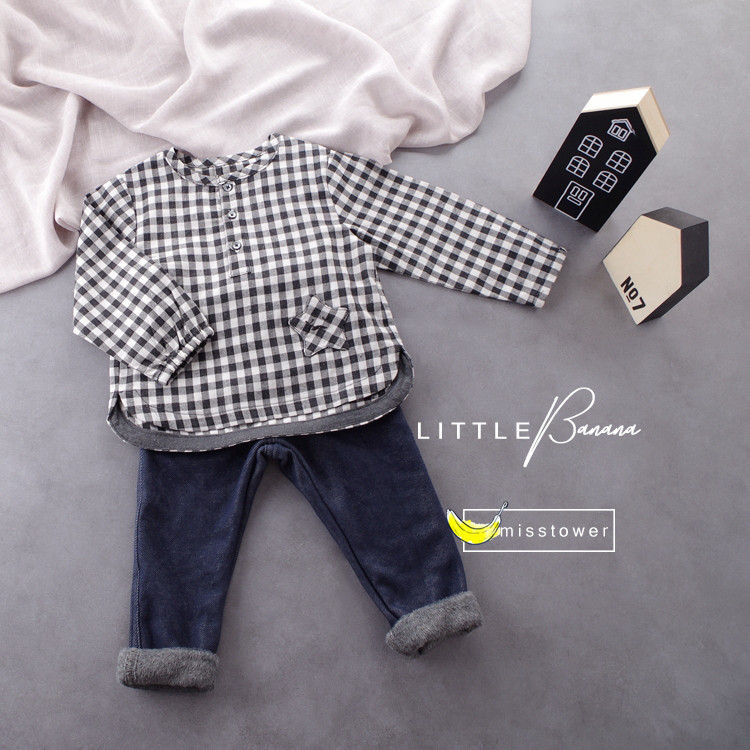 韩国贵族女童宝宝中小童春秋款棉麻柔软格子星星胡子口袋衬衫