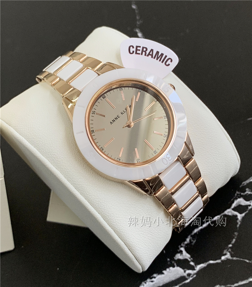 现货美国anne klein 3160白色陶瓷玫瑰金表带 镜面表盘女士手表
