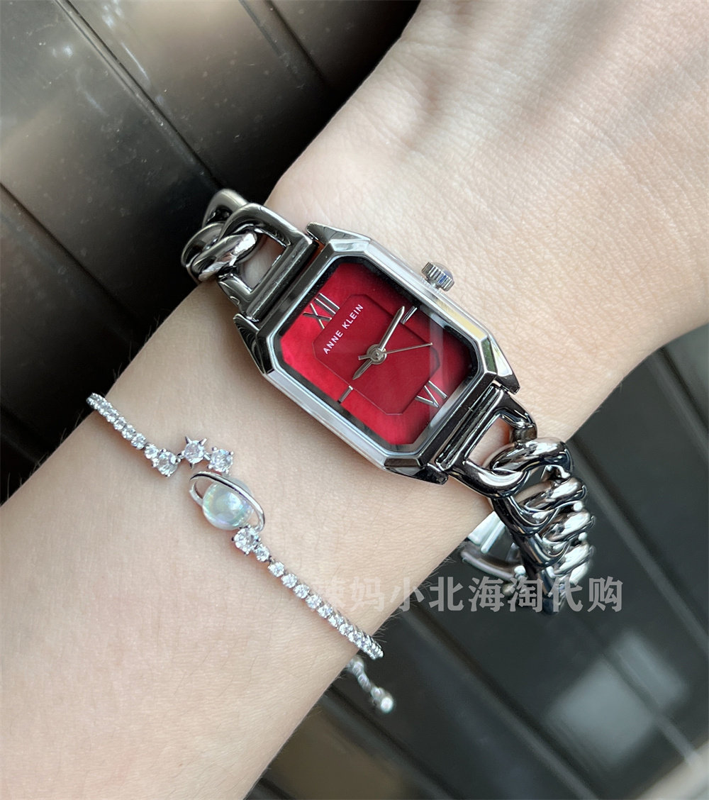 现货美国Anne klein 银色手链款矩形红色贝母表盘女士石英手表