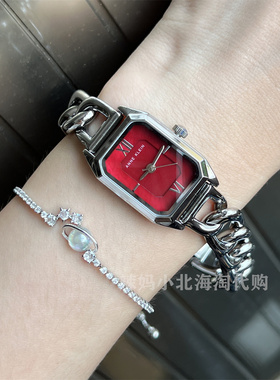 在途美国Anne klein 银色手链款矩形红色贝母表盘女士石英手表