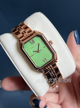 现货美国ANNE KLEIN 复古风玫瑰金金属表带绿色矩形表盘女士手表