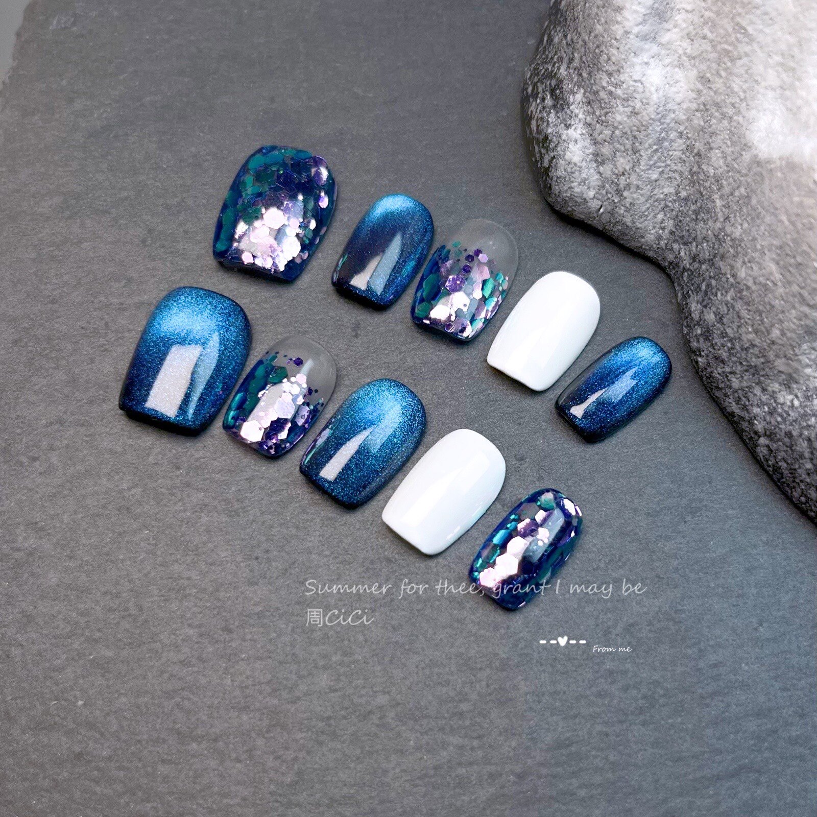 成品手工光疗美甲穿戴甲追光猫眼美甲亮片美甲短款假指甲蓝色紫色