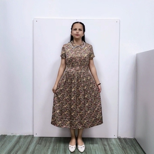桂系夏季翻领短袖高端文艺淑女气质碎花绢丝A字摆中长文艺连衣裙
