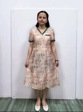 淑女风A字摆天丝印花中长连衣裙