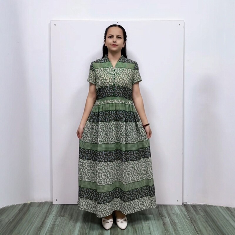 日桂系夏V领短袖淑女民族风修身显瘦气质雪纺碎花绿色A字摆连衣裙
