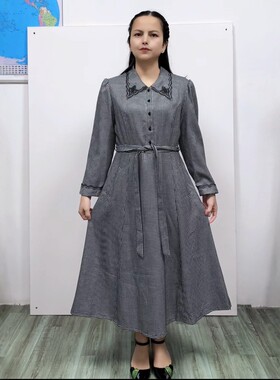 春翻领九分袖千鸟格小香风连衣裙