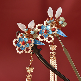 华容珠翠原创设计发簪民族仿烧蓝头饰玛瑙珍珠钗步摇汉服旗袍发饰