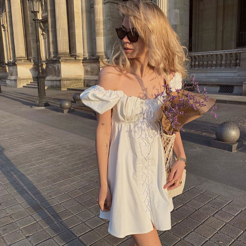 2023新款时尚设计夏吊带甜美露肩超仙气显瘦修身一字肩蓬蓬连衣裙