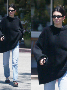 Kendall同款黑色圆领OVERSIZE设计宽松休闲风显瘦羊毛针织毛衣