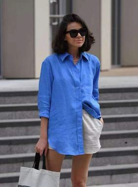 女式宽松长袖蓝色轻薄棉麻休闲慵懒港风痞帅男友风百搭上衣衬衫