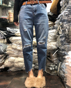 欧洲站复古港味不规则破洞高腰阔腿裤显瘦宽松九分牛仔裤女88972