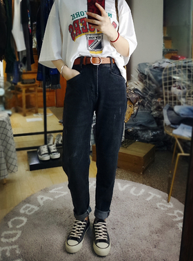 新款静版韩范黑灰色超火萝卜裤欧洲站高腰显瘦宽松牛仔裤女69017