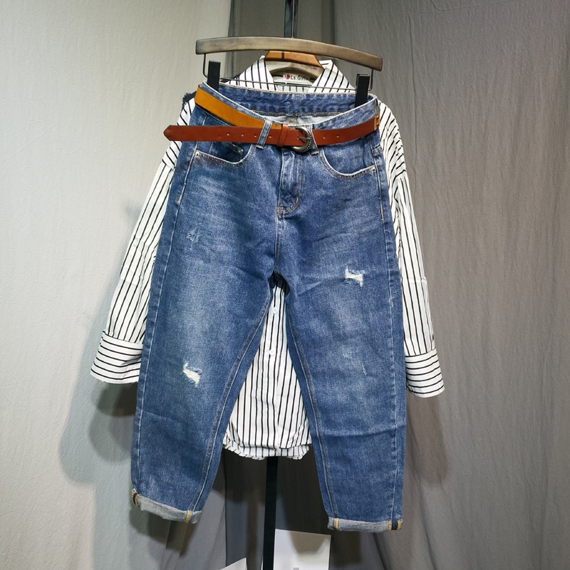 垮裤高腰直筒老爹裤宽松牛仔裤子