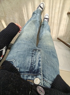 好看的要命！中古浅蓝色！垂坠感窄版拖地裤显瘦直筒牛仔裤35075