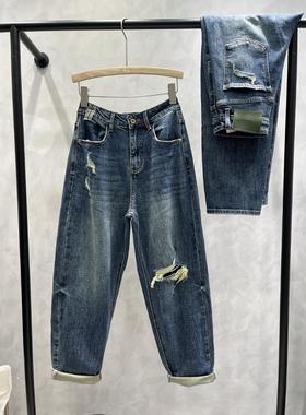 捡漏！补丁弹力假破洞裤ins复古蓝港味补丁弹力牛仔裤女35103