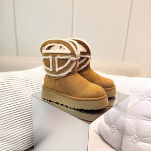 欧美秋冬保暖羊皮毛一体加绒加厚防水平底厚底圆头女款 雪地靴短靴
