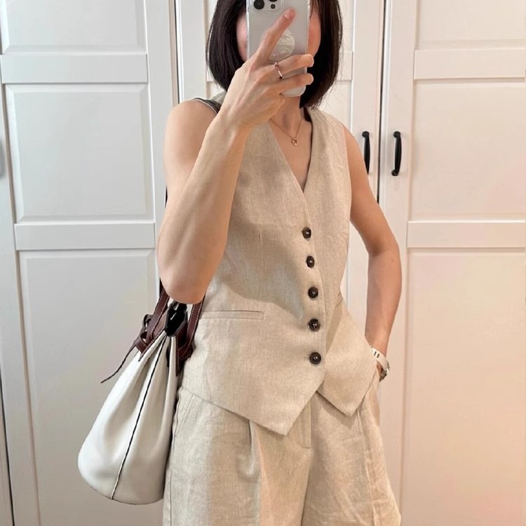棉麻亚麻套装女夏季高级感洋气显瘦马甲上衣短裤两件套2025年夏季