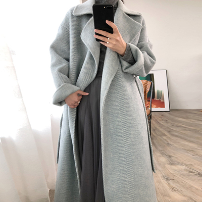 人字纹阿尔巴卡双面羊绒大衣女2021冬季收腰系带中长款羊驼绒外套