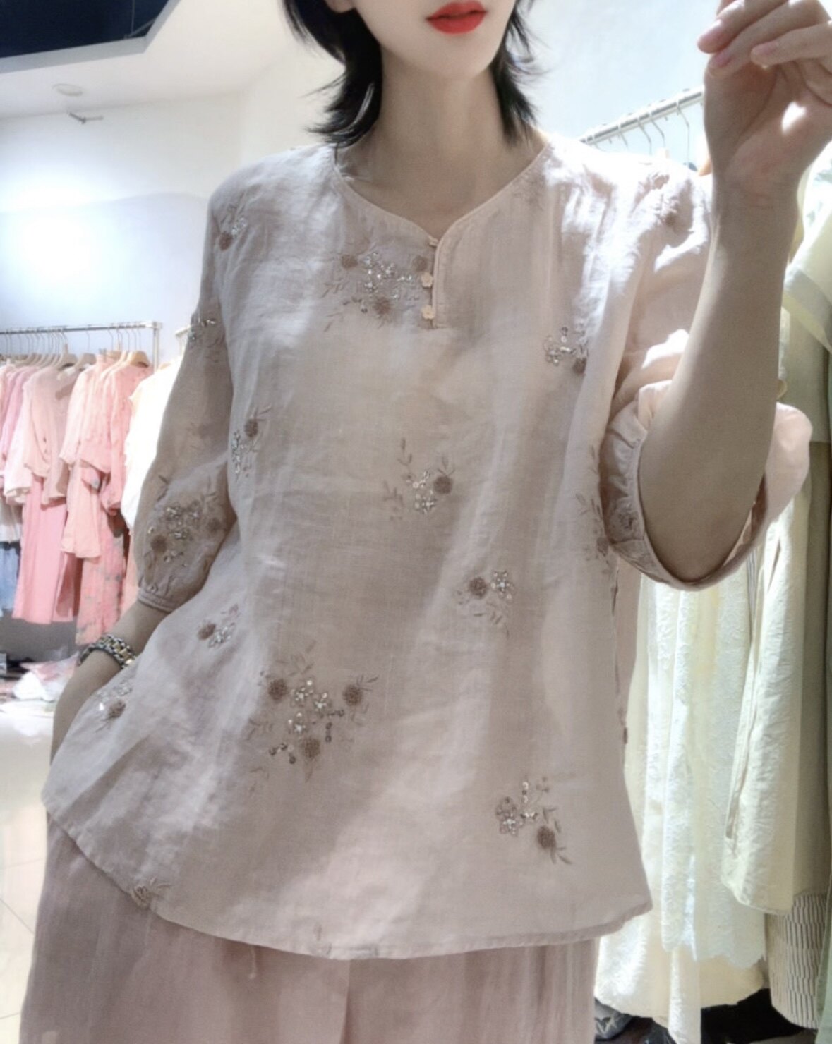 2026夏季新中式国风重工刺绣绣花苎麻衬衫女复古文艺订珠设计上衣