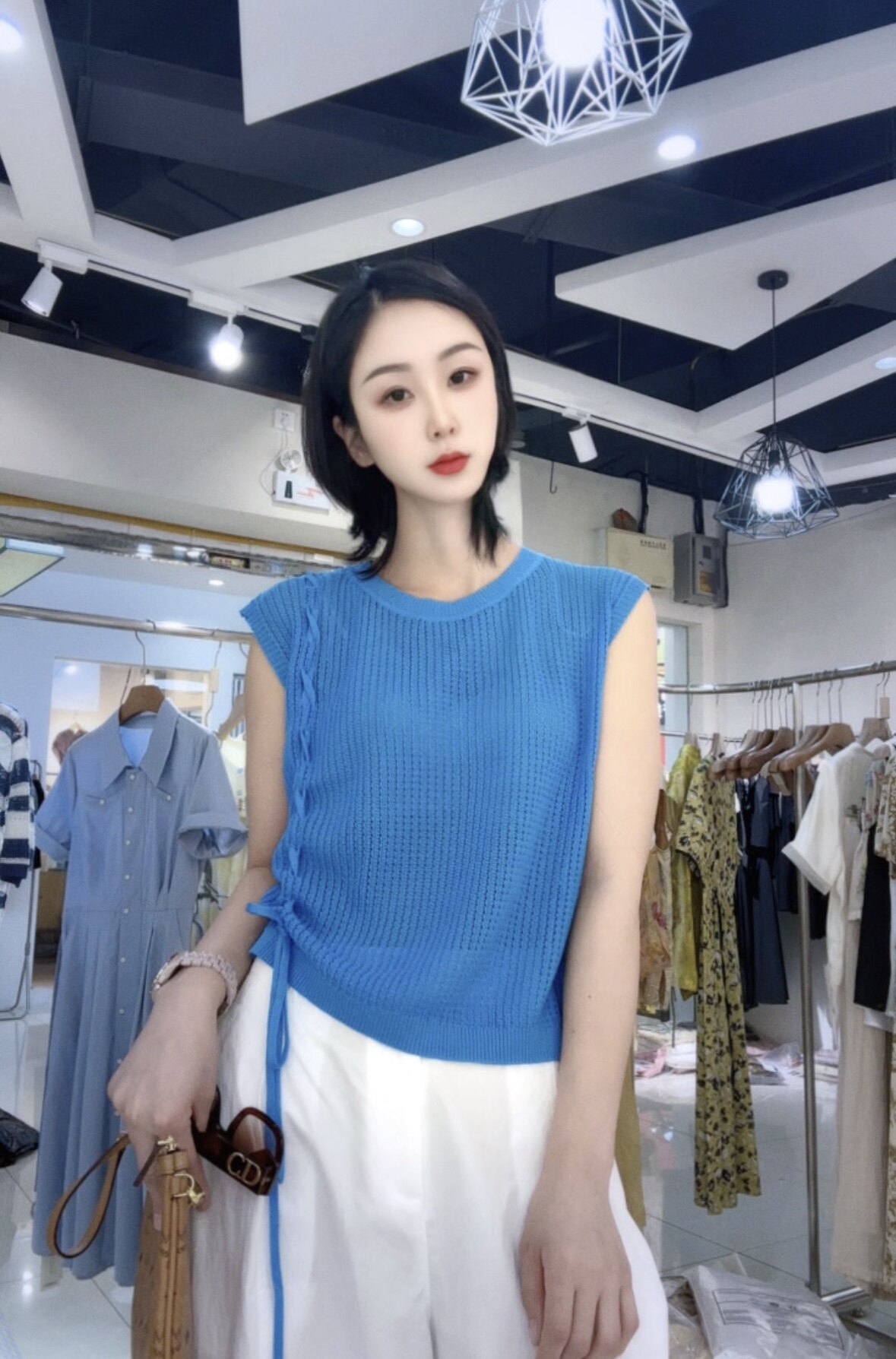 专柜2026夏装新款显瘦百搭短袖针织衫女抽绳收腰修身上衣湖蓝色女