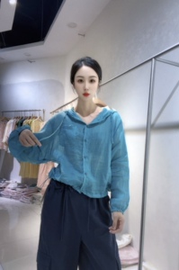 南油100苎麻连帽短款外套 清凉骨感高支苎麻宽松长袖空调衫女夏