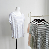 超薄款 夏装 莫代尔棉女士t恤圆领条纹短袖 T恤上衣宽松休闲大码