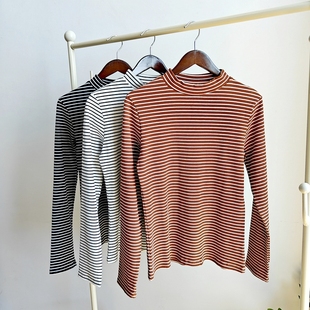 加厚半高领纯棉打底衫女长袖t恤保暖上衣细条纹T全棉螺纹弹力修身