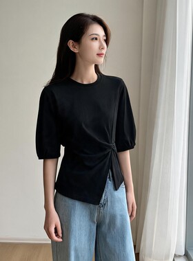 丝柔棉拧结t恤女光泽感五分袖