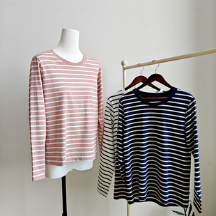 t恤全棉T恤春秋外穿休闲上衣 圆领长袖 纯棉条纹女士长袖 打底衫