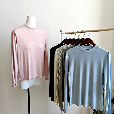 天丝醋酸羊毛打底衫女小立领长袖t恤薄款羊毛衣秋冬圆领纯色上衣