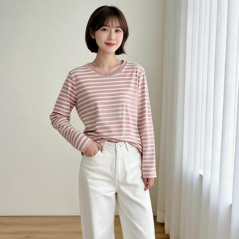 纯棉条纹女士长袖打底衫圆领长袖t恤全棉T恤春秋外穿休闲上衣