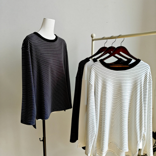 A类细旦德绒60支女长袖宽松上衣圆领宽松t恤外穿卫衣细条纹蓄热