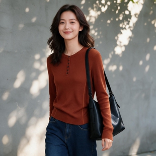 亨利领长袖针织衫女士内搭修身打底衫圆领薄款毛衣毛衫弹力羊毛