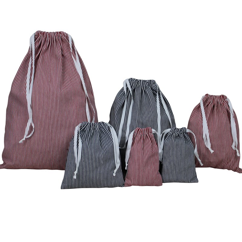 简单生活条纹棉布收纳袋,衣物分类整理包双抽绳束口包多用整理袋